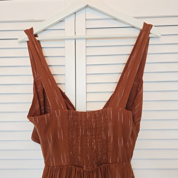 FREE PEOPLE Midi Dress Caldasi Bronze Striped Tie Front Sz XS Cottagecore Casual - Picture 6 of 14